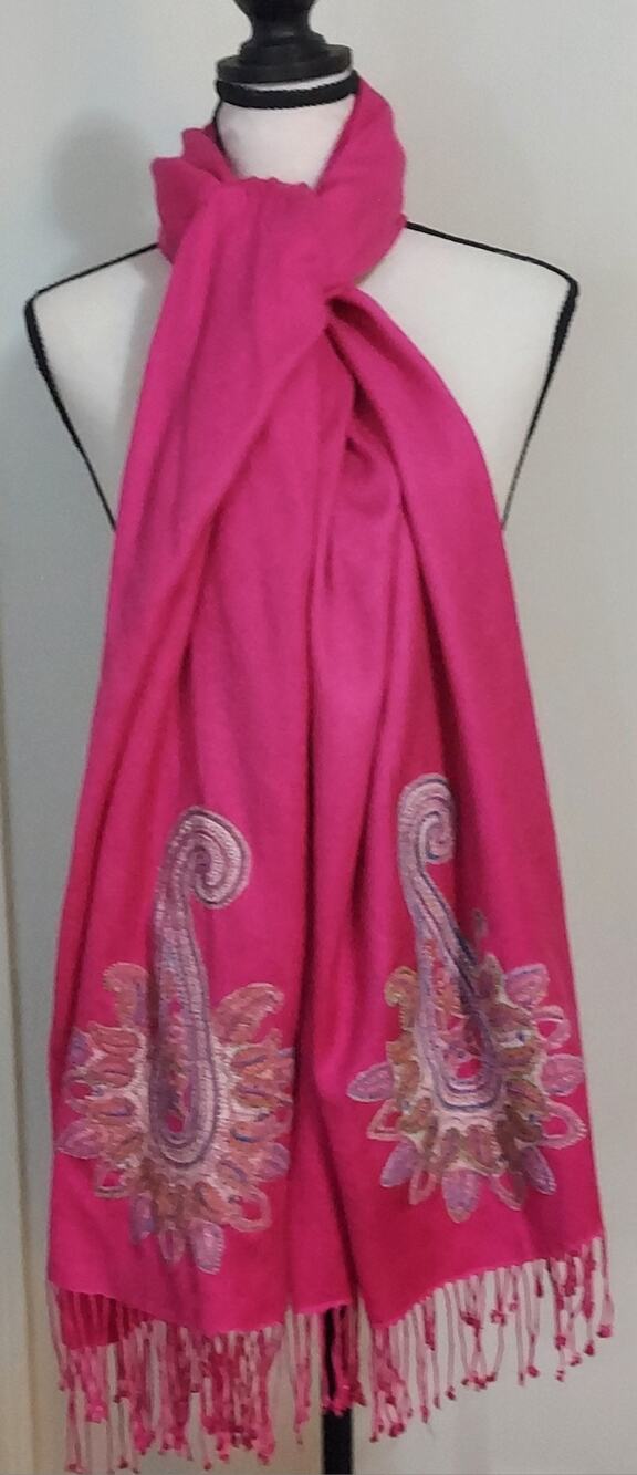 Karma Cashmere Silk Pashmina Scarf Shawl Wrap Raspberry Embroidered Paisley Boho